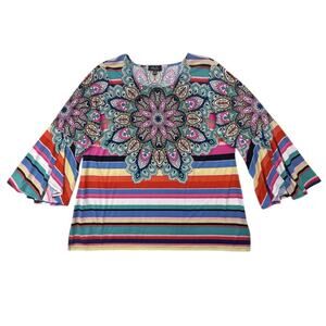 Melissa Paige Boho Tunic Womens 2X Colorful Print Bell Sleeve Jersey Top